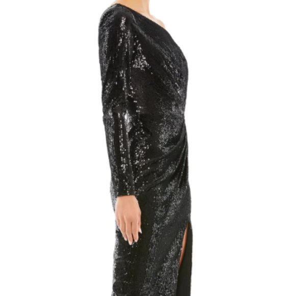 MAC DUGGAL 26688 RUCHED SEQUINED ONE LONG SLEEVE BLACK MIDI DRESS sz 8 - Picture 3 of 7